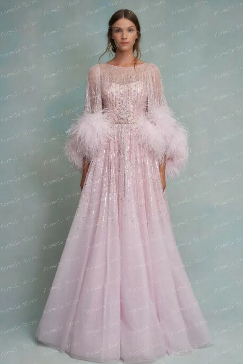Runhufu A-line Women Clothing Pink Long Sleeve Evening Dresses For Women With Feathers Floor Length Prom Gown Sequins Gowns