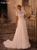Runhufu High Collar Puff Sleeve Wedding Dress Classic Lace Appliques Dress For Bride Elegant A-line Bridal Gown Robe De Mari¨¦e