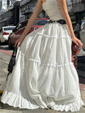 Runhufu Fairycore Elegant White Flowy Hem Long Skirts Women Elastic Waist Ruffle Lace Trim Flare A-Line Skirts Retro Streetwear
