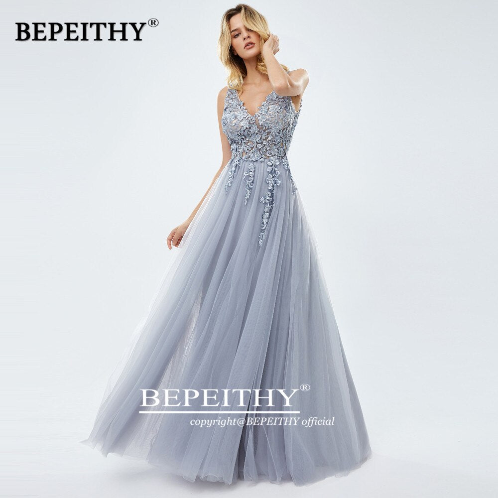 runhufu A-line Gray Formal Occasion Dress With Slit Lace Prom Dresses For Women Party Wedding Evening A-line Bridesmaid Gown