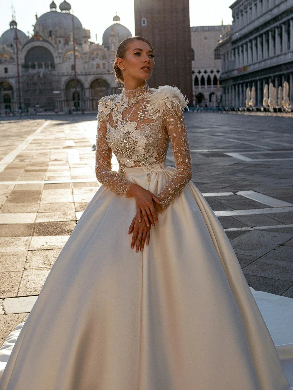 Runhufu High Collar Wedding Dress Sparkly Sequins Beads Bride Robe 2024 Elegant A-line Appiliques Long Bridal Gown Robe De Mari¨¦e