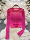 Runhufu Letter Beadings Women Blouse O Neck Long Sleeves 2024 Autumn Fashion Senior Streetwear Hotsweet T Shirt Sheer Y2K Tops