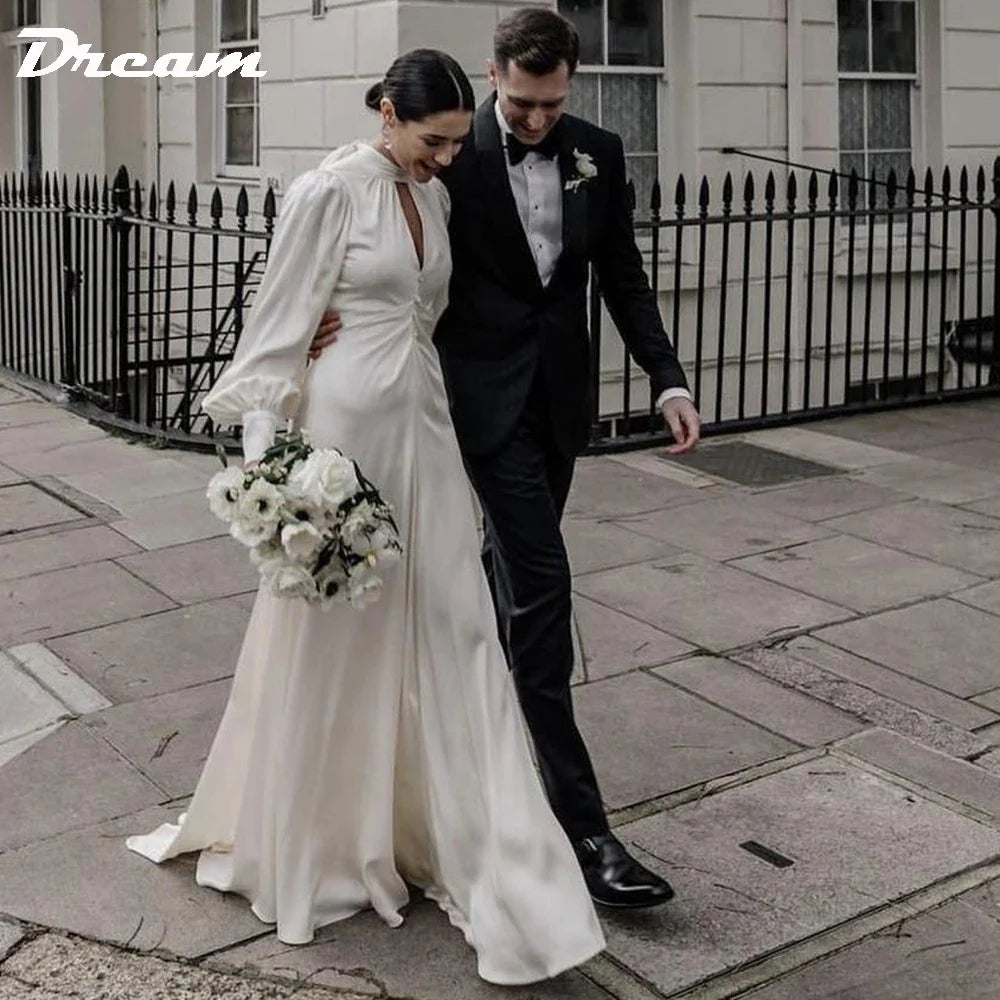 Runhufu Backless Elegant Wedding Dresses 2024 Halter Long Puff Sleeves A-line Cut Out Simple Bridal Gowns Robe de mari¨¦e