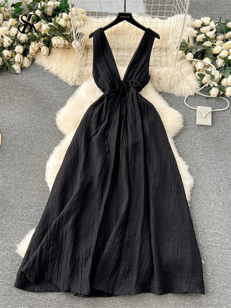 Runhufu French Gentle Holiday Long Dress Summer Deep V-Neck Bandage A-Line Design Female Solid Sleeveless Party Sexy Sundress