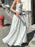 Runhufu Fairycore Elegant White Flowy Hem Long Skirts Women Elastic Waist Ruffle Lace Trim Flare A-Line Skirts Retro Streetwear