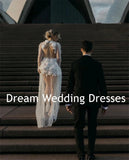 Runhufu 3D Flowers Short A-Line Wedding Dresses Pearls Beadings Tulle Long Sleeves Bride Gown Backless Illusion Boho Bridal Dress