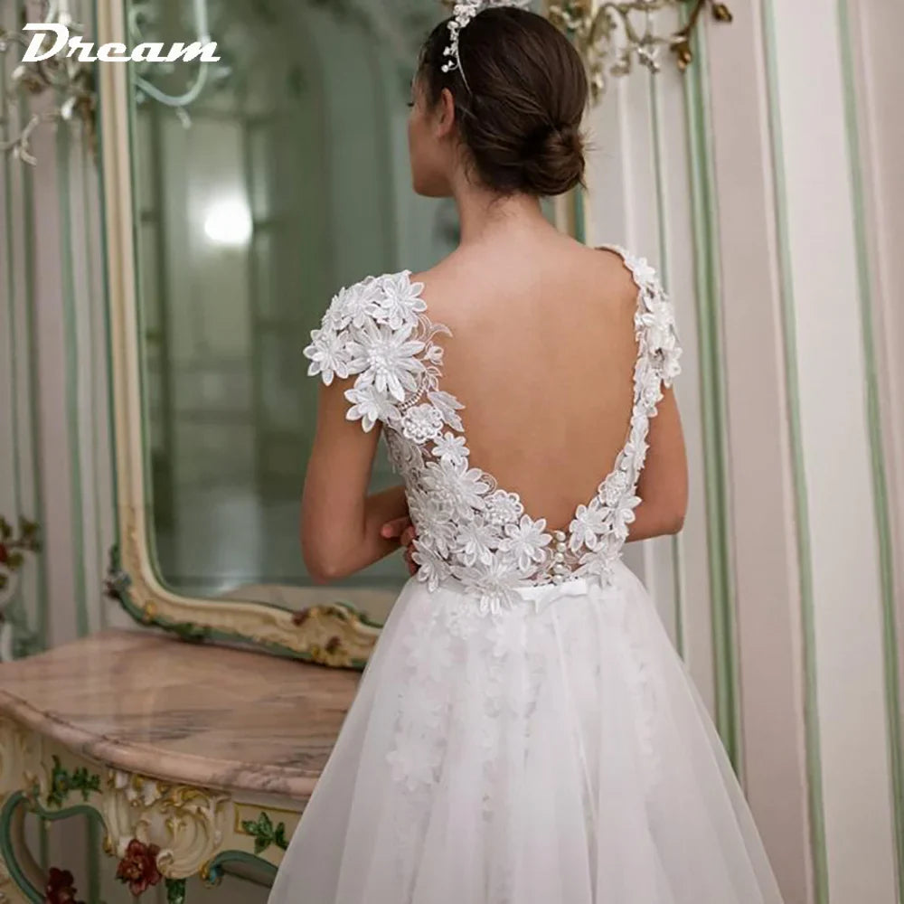 Runhufu 3D Flowers Lace Detachable Train Mini Short Wedding Dress V Neck Backless Cap Sleeves High Low Bridal Gown Above Knee