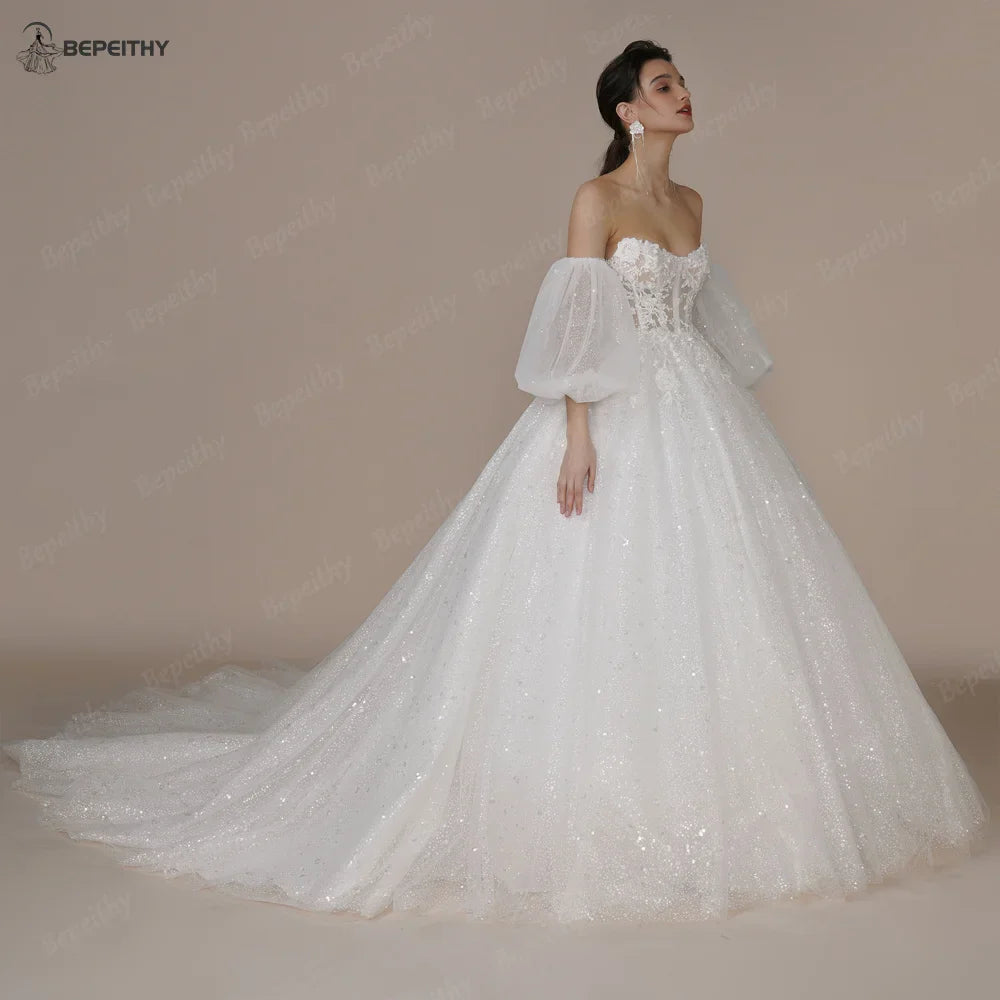 Runhufu Princess Strapless Ivory Glitter Wedding Dresses 2024 For Women Court Train Bride 3D Flower Romantic Shinny Bridal Gown