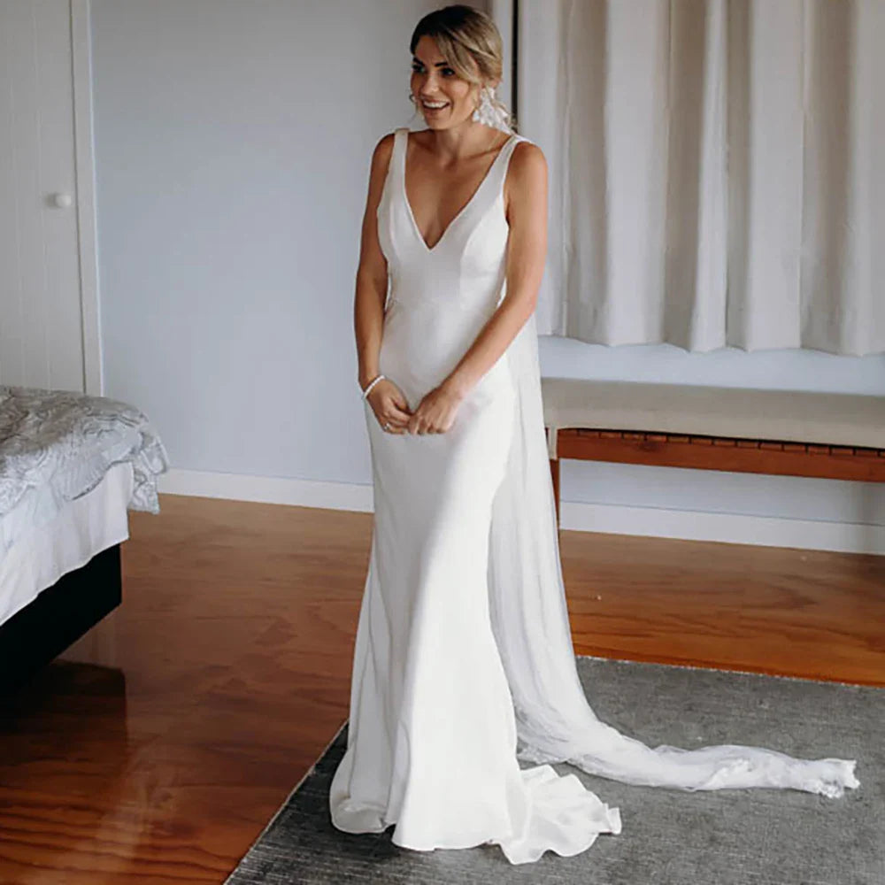 Runhufu Made Sheath Crepe Minimal Outdoor Wedding Dress Backless Drop Ship Simple Rustic Brush Train Cowl Back Ivory Bridal Gowns