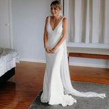 Runhufu Made Sheath Crepe Minimal Outdoor Wedding Dress Backless Drop Ship Simple Rustic Brush Train Cowl Back Ivory Bridal Gowns