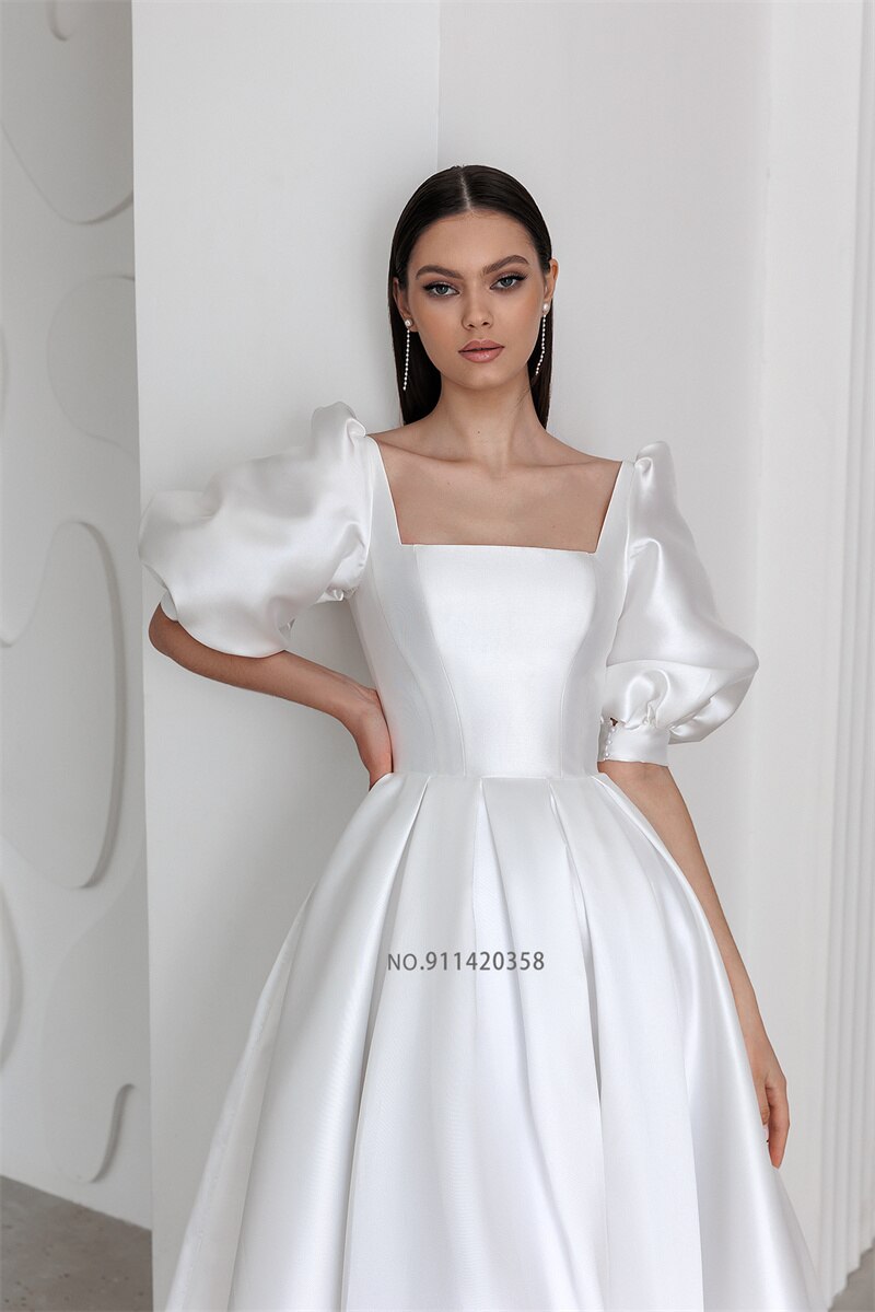 Runhufu Boat Neckline Satin Wedding Dress Puff Sleeve Princess A-Line Bridal Gowns Robe de mariage