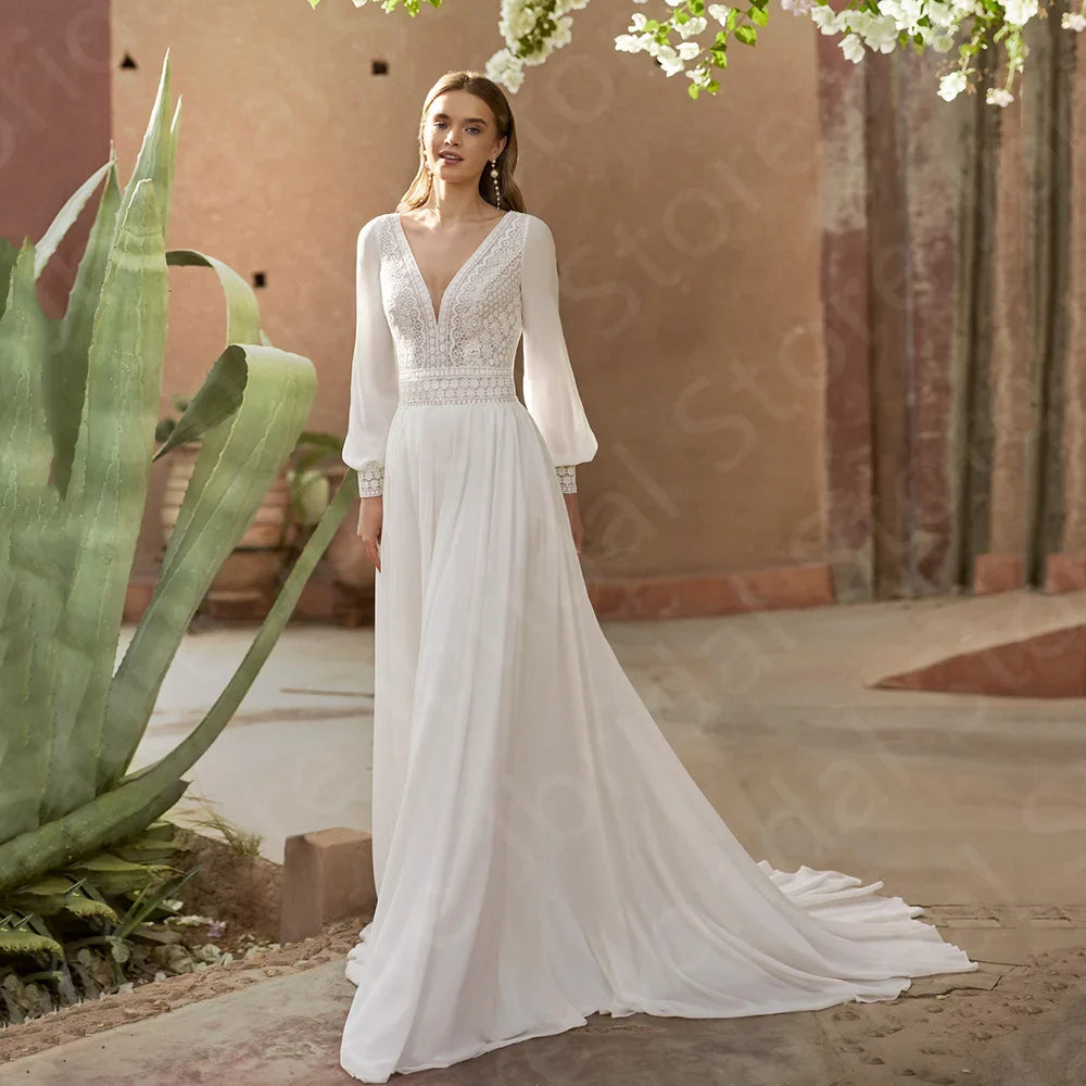 Runhufu Latest Wedding Dresses 2024 Beach Bridal Gowns Boho Bride Dress Long Sleeves V Neckline Wedding Gowns Lace Back Out