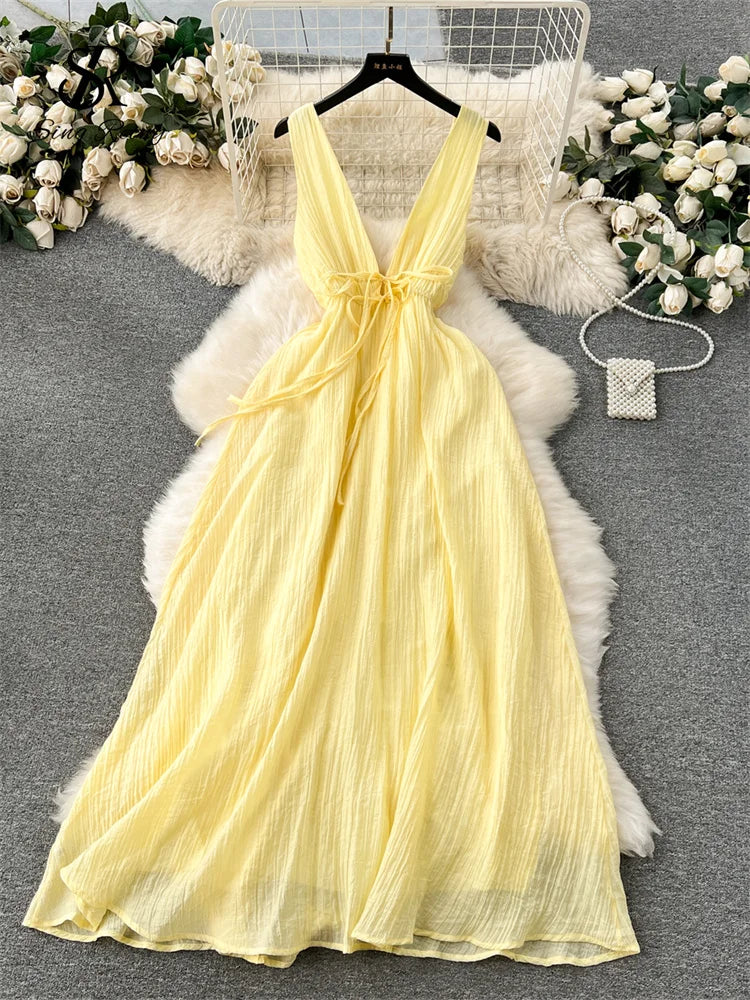 Runhufu French Gentle Holiday Long Dress Summer Deep V-Neck Bandage A-Line Design Female Solid Sleeveless Party Sexy Sundress