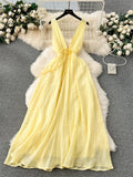 Runhufu French Gentle Holiday Long Dress Summer Deep V-Neck Bandage A-Line Design Female Solid Sleeveless Party Sexy Sundress