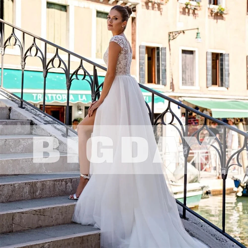 Runhufu A-Line Wedding Dresses Women 2024 Lace O-Neck Cap Sleeve Split Tulle Open Back Bridal Gown Sweep Train Vestidos De Noiva