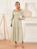 Runhufu Autumn Embroidery Flower Flowy Hem A-Line Dress Women's Puff Long Sleeve Square Neck Casual Long Dress for Beach Holiday
