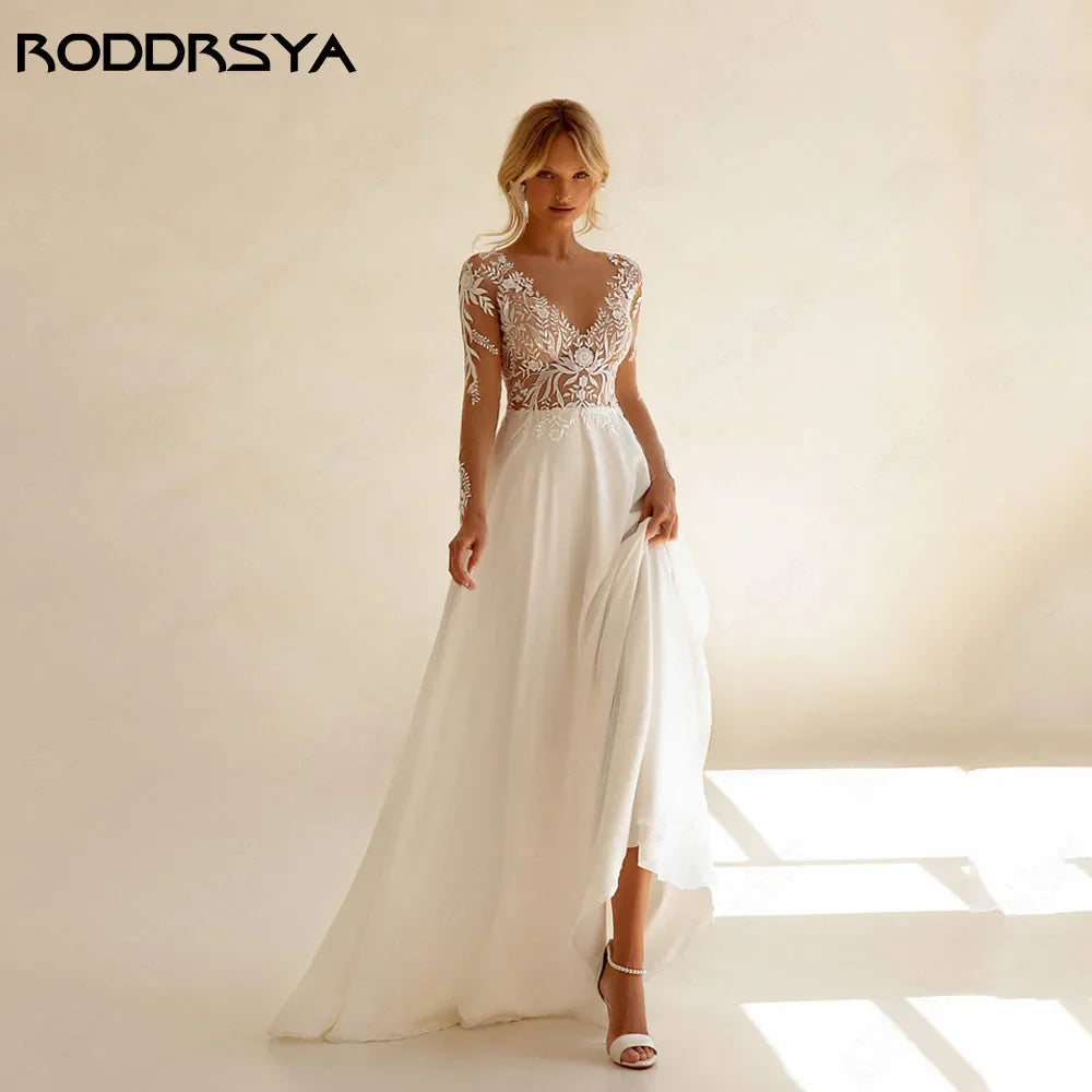 Runhufu Backless Wedding Dresses See-through Appliques Full Sleeves A-Line Bridal Gowns Chiffon Scoop Neck Boho Bride Dress