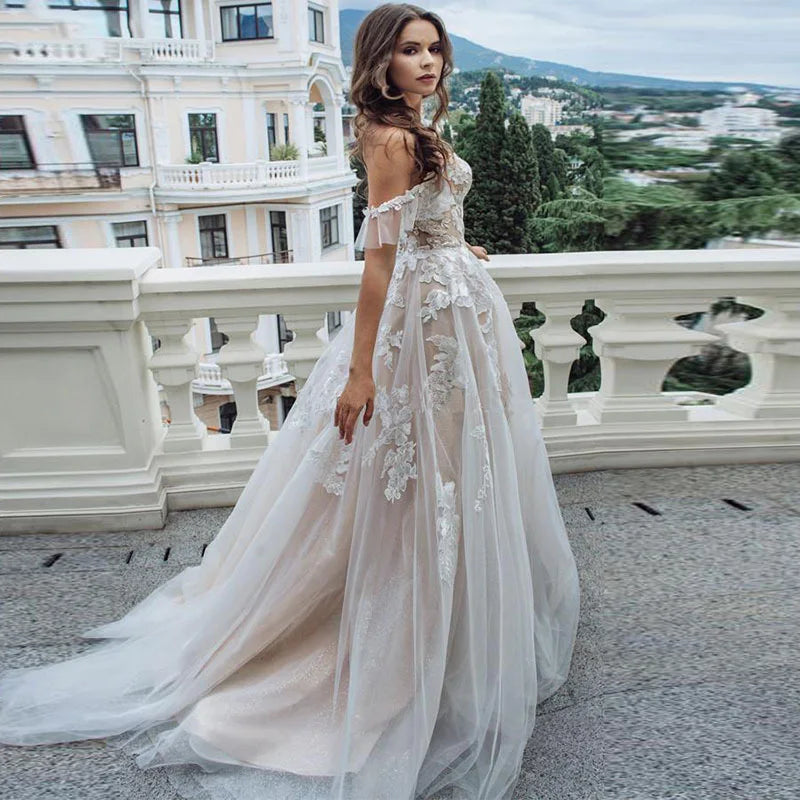 Runhufu Wedding Dress Lace Appliques Tulle Backless Beach Floor-length Wedding Party Gowns Off Shoulder Princess Vestido De Novia