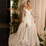 Runhufu A Line Wedding Dresses Gorgeous Satin Deep V-neck Lace Appliques Slimming Beautiful Mopping Beach Bridal Gown 2024