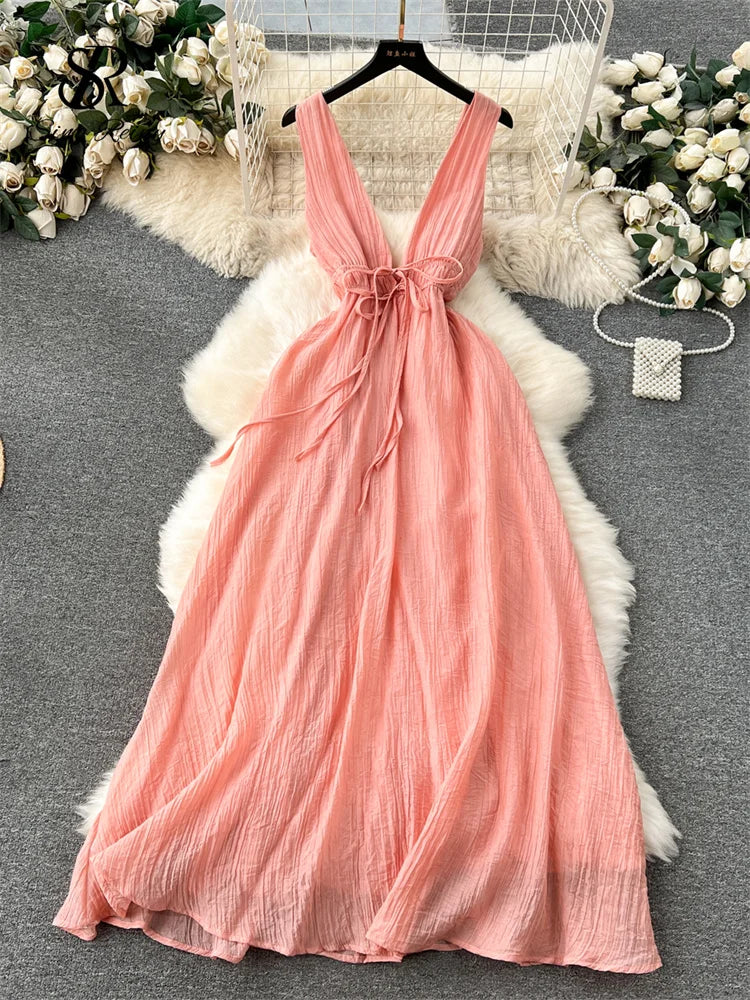 Runhufu French Gentle Holiday Long Dress Summer Deep V-Neck Bandage A-Line Design Female Solid Sleeveless Party Sexy Sundress
