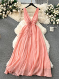 Runhufu French Gentle Holiday Long Dress Summer Deep V-Neck Bandage A-Line Design Female Solid Sleeveless Party Sexy Sundress
