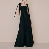 Runhufu Black Elegant Sleeveless Satin Vestido De Noiva Classic Spaghetti Straps Floor-length Wedding Dress A-line Robe De Mariee