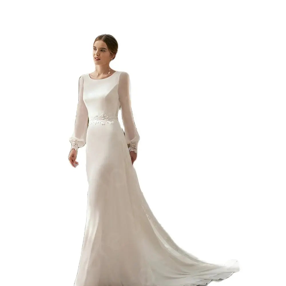 Runhufu Lovely White Wedding Dresses 2024 Long Sleeves Bridal Gowns Beach Bride Dress Boho Lace Back Out Wedding Gowns Round Neck