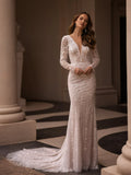 Runhufu Deep V-neck Wedding Dress Sparkly Sequins Beads Bride Robe Elegant Appliques Mermaid Long Bridal Gown Robe De Mari¨¦e