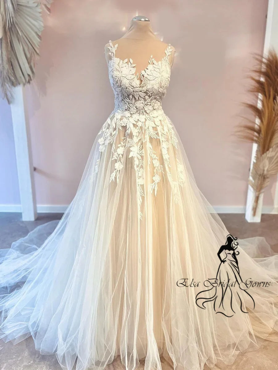 Runhufu Backless A-Line Wedding Dresses Applique Tulle Bride Dresses Sheer Scoop Neck Long Dresses Women 2025 Robe De Mari¨¦e