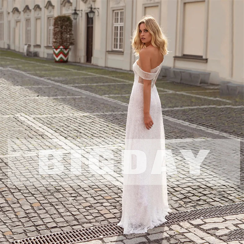 Runhufu A-Line Wedding Dress Women 2024 White Open Back Sequin One Shoulder Spakly Side Split Bridal Gown Vestidos De Noiva Bead