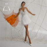Runhufu 2024 Feathers Sleeveless V-Neck Tulle White Mini Wedding Dress For Women A-Line Above Knee Short Bridal Gown Custom Made