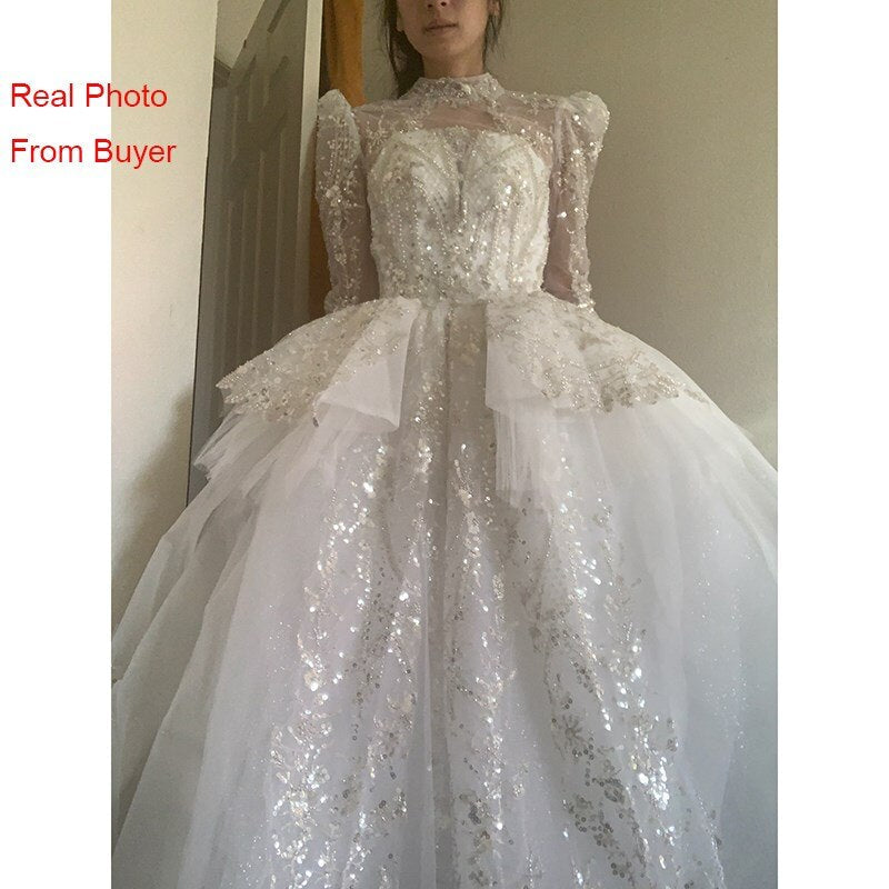 runhufu Luxury Long Train Wedding Dress 2023 New Bridal Dresses Ball Gown Long Sleeve Winter Beading Wedding Gowns
