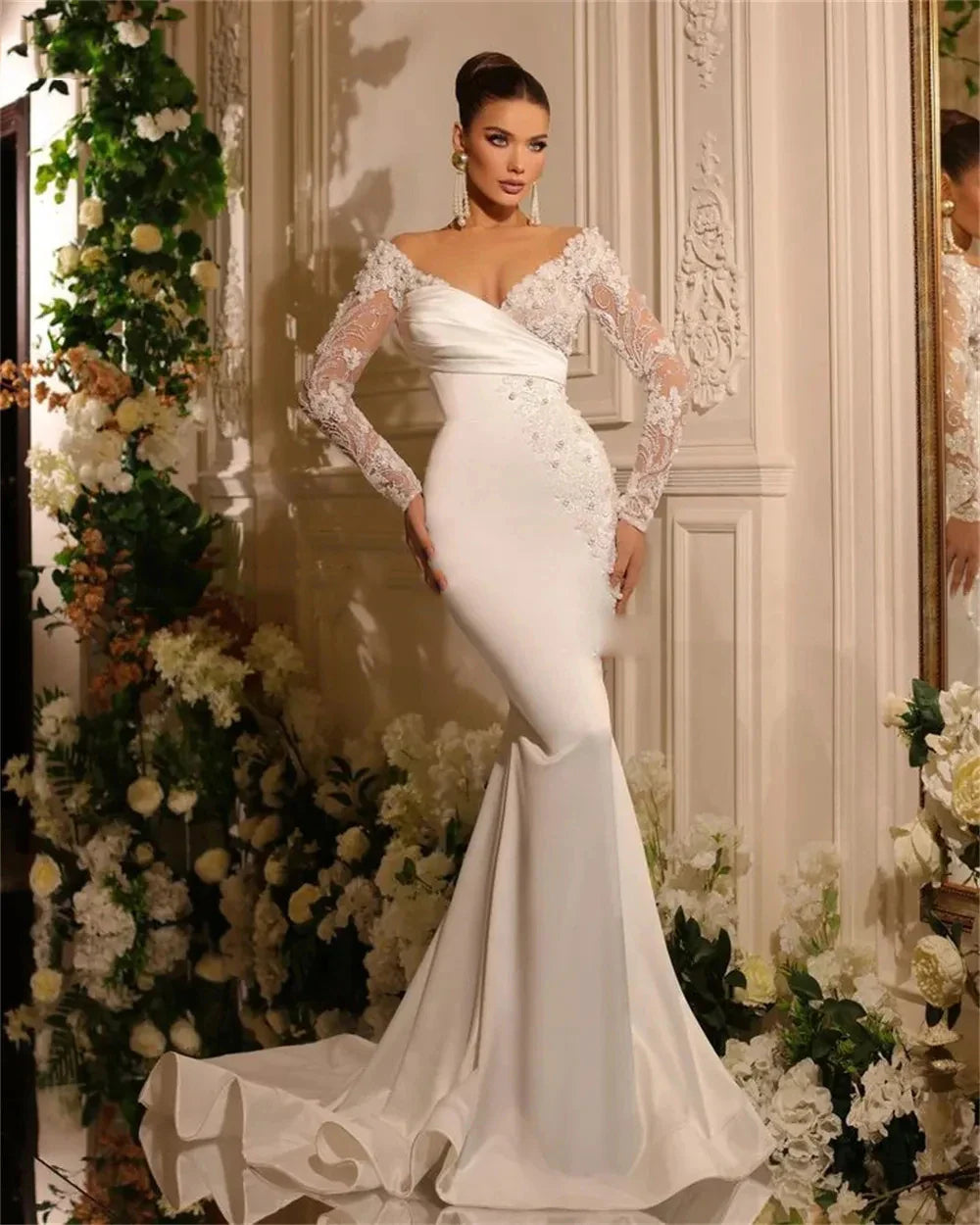 Runhufu A Line Wedding Dresses Gorgeous Satin Deep V-neck Lace Appliques Slimming Beautiful Mopping Beach Bridal Gown 2024