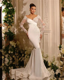 Runhufu A Line Wedding Dresses Gorgeous Satin Deep V-neck Lace Appliques Slimming Beautiful Mopping Beach Bridal Gown 2024