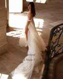 Runhufu Dotted Soft Tulle Boho Wedding Dresses Off The Shoulder Lace Up Back High Slit Women Party Wedding Gowns Bridal Dress