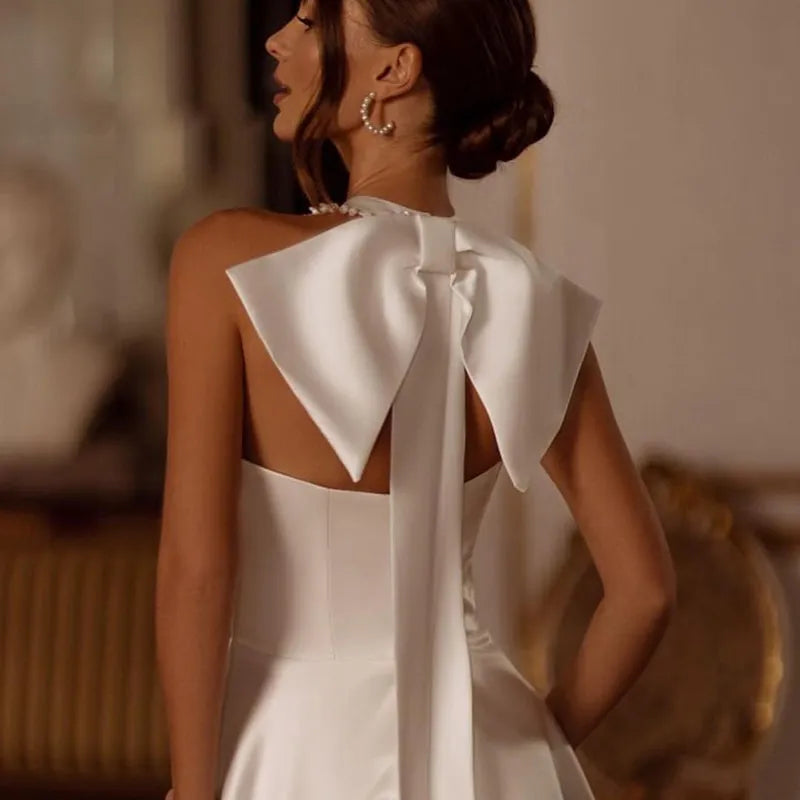 Runhufu White A-Line Wedding Dresses Halter Neck High Split Backless Bridal Gowns Boho Beach Sweep Train Wedding Gowns Custom Size