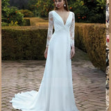 Runhufu A-Line Long Sleeve Wedding Dresses Sexy Deep V-Neck Chiffon Illusion Back Bridal Party Dress 2024 Plus Size Robe De Mariee
