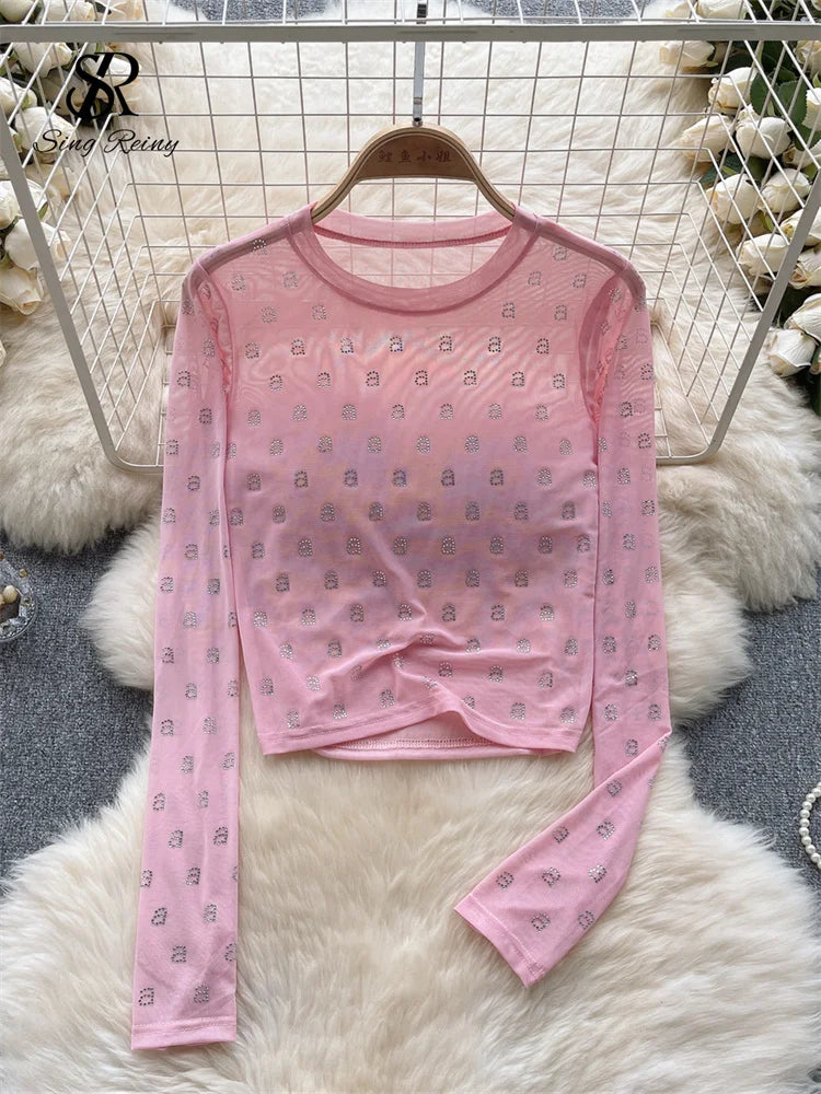 Runhufu Letter Beadings Women Blouse O Neck Long Sleeves 2024 Autumn Fashion Senior Streetwear Hotsweet T Shirt Sheer Y2K Tops