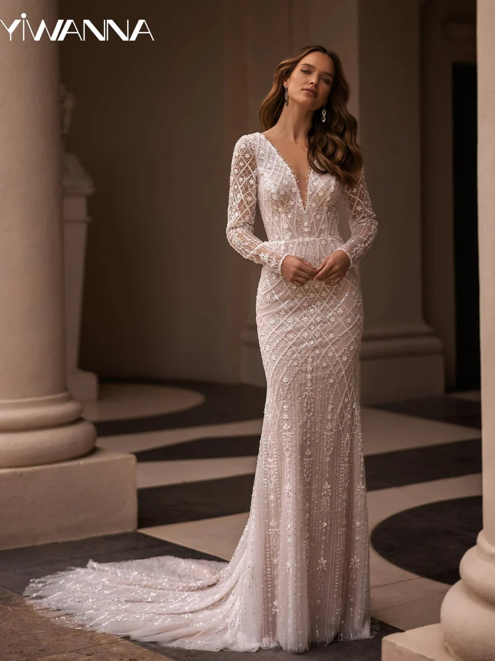 Runhufu Deep V-neck Wedding Dress Sparkly Sequins Beads Bride Robe Elegant Appliques Mermaid Long Bridal Gown Robe De Mari¨¦e