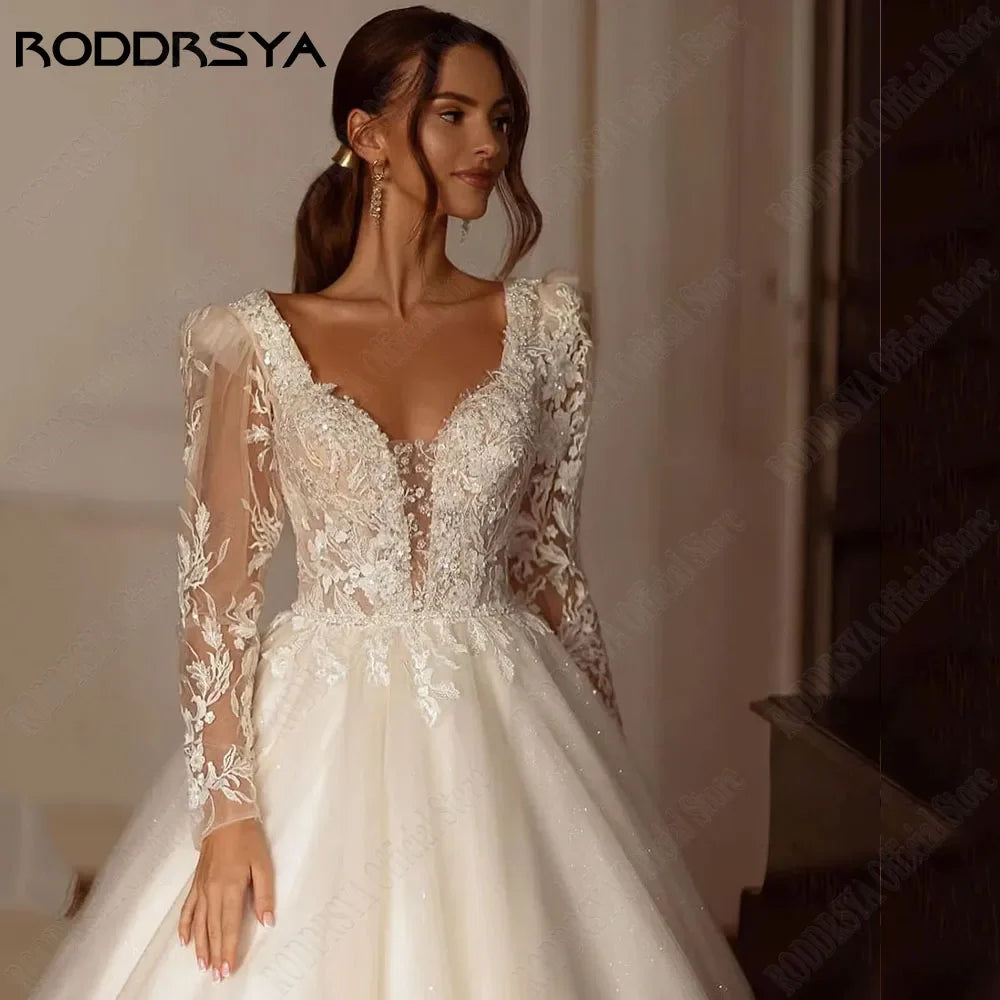 Runhufu Luxury Shiny Long Sleeves Wedding Dress A-Line Lace Up Bridal Gowns Applique Beading Square Collar Vestido De Novia