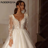 Runhufu Luxury Shiny Long Sleeves Wedding Dress A-Line Lace Up Bridal Gowns Applique Beading Square Collar Vestido De Novia