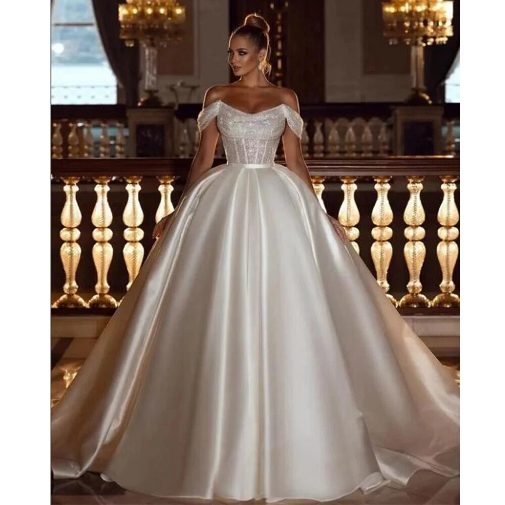 Runhufu A-Line Sexy Off Shoulder Wedding Dresses Shiny Bohemia Women's Tulle Princess Satin Bridal Gowns Robe De Mariée Vestido فست