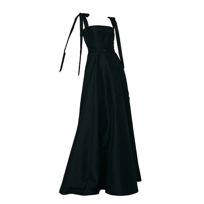 Runhufu Black Elegant Sleeveless Satin Vestido De Noiva Classic Spaghetti Straps Floor-length Wedding Dress A-line Robe De Mariee