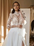 Runhufu High Collar Long Sleeve Wedding Dress Classic Appliques Bride Robe Graceful A-line Bow Long Bridal Gown Robe De Mari¨¦e