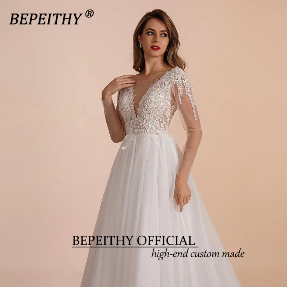 Runhufu Ivory Scoop Long Sleeves Beading Bodice Wedding Dresses 2024 For Women Bride A Line Floor Length Bridal Party Gown
