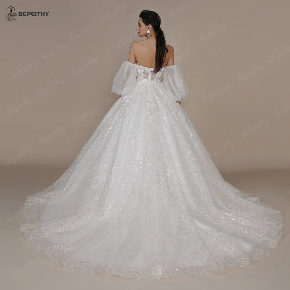 Runhufu Princess Strapless Ivory Glitter Wedding Dresses 2024 For Women Court Train Bride 3D Flower Romantic Shinny Bridal Gown