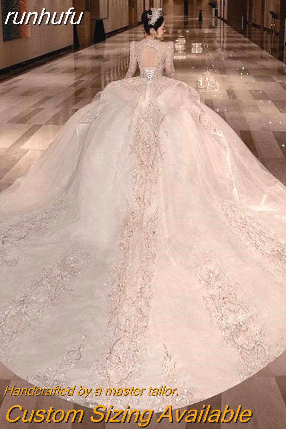 runhufu Luxury Long Train Wedding Dress 2023 New Bridal Dresses Ball Gown Long Sleeve Winter Beading Wedding Gowns