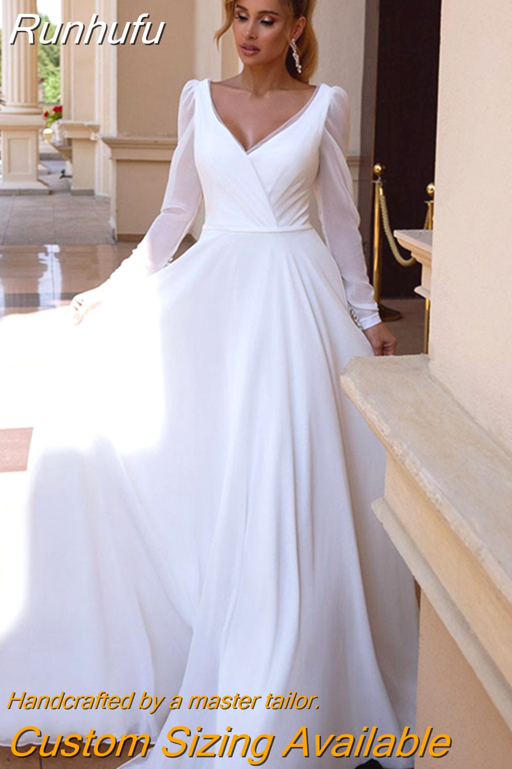 Runhufu Boho V-Neck Wedding Dress For Women Long Sleeves Pleats A-Line Simple Chiffon Bride Gown Sweep Train Vestido de Novia