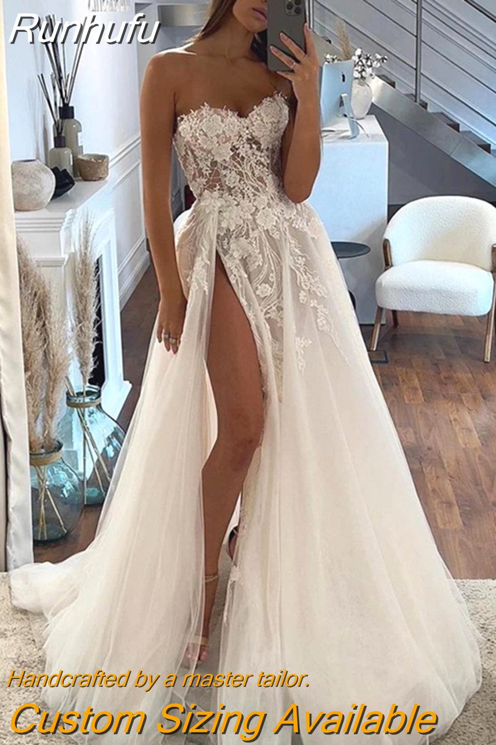 Runhufu Wedding Dresses Women's Sweetheart A-line Lace Decal Tulle Side High Split Princess Bridal Gowns Sleeveless Robe Vestid 925