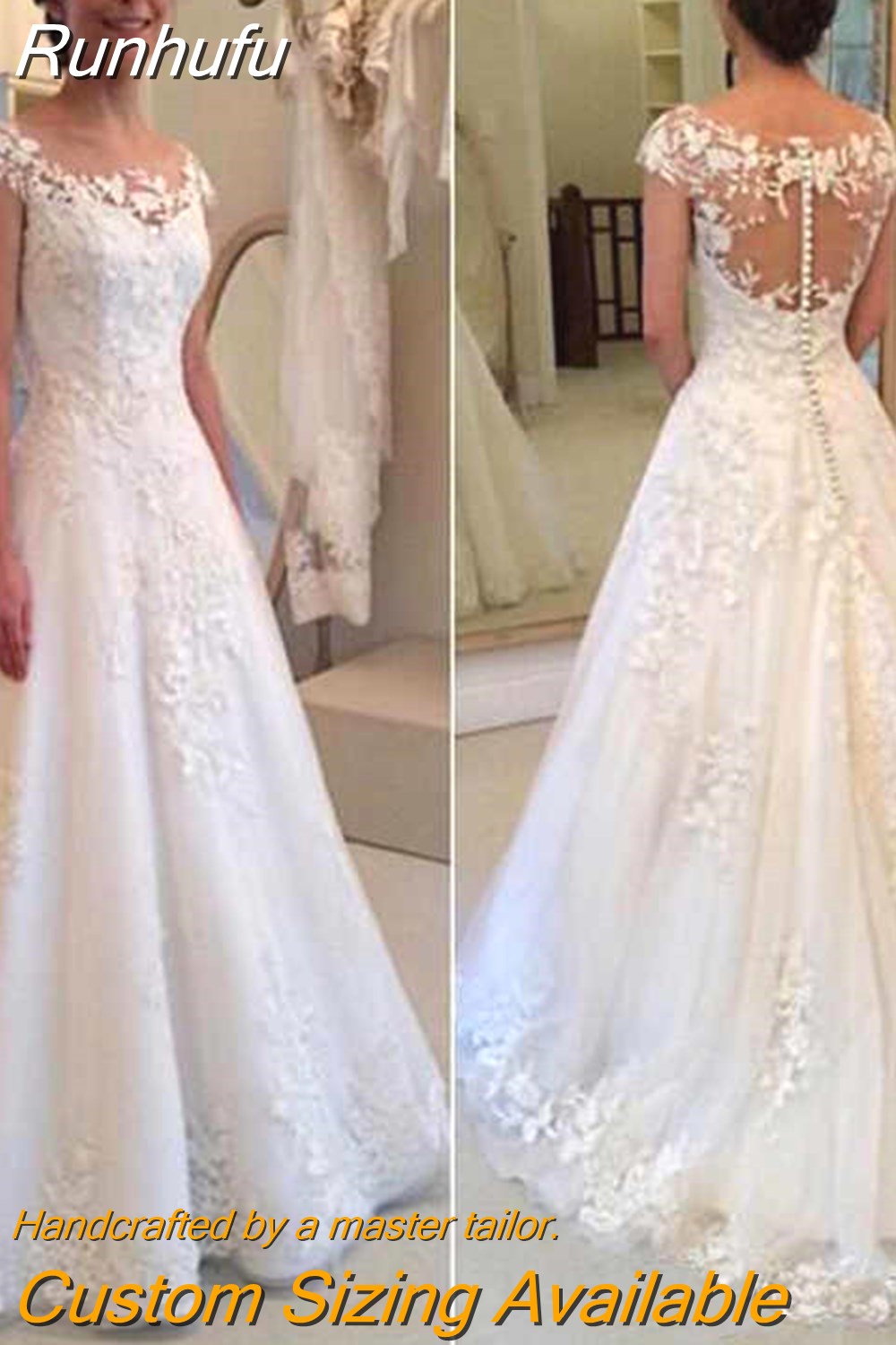 Runhufu White Elegant Appliqued Wedding Dresses 2023 Sheer Back Cap Sleeves Vintage Lace Bride Gown Vestidos De Novia A-line